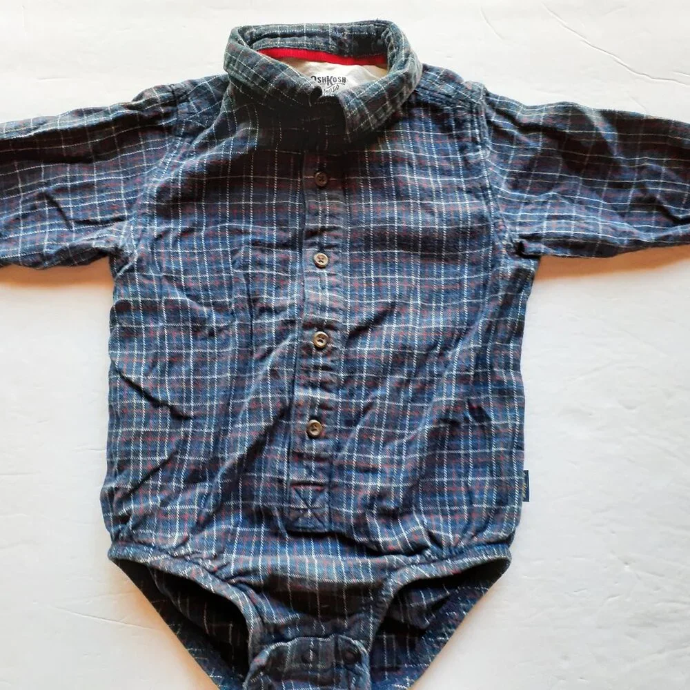 Oshkosh Boys Shirt Button Down Bodysuit Navy Plaid Long Sleeve 18 Months